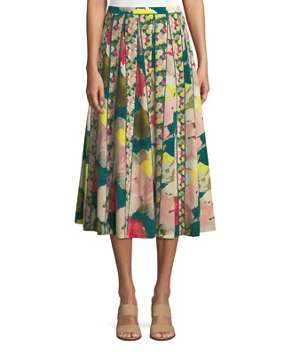 LAFAYETTE 148 Teal Pink Floral Print ADALIA Godet Seamed A-Line Silk Skirt 14 L - Image 1 of 4