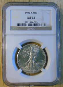 1934-S 1934S 1934 S WALKING LIBERTY 90% SILVER HALF DOLLAR 50C Cent NGC MS63 - Picture 1 of 10