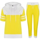 Donna Contrasto 2PC Manica Corta Felpa con Cappuccio 3/4 da Corsa Riposo Tuta