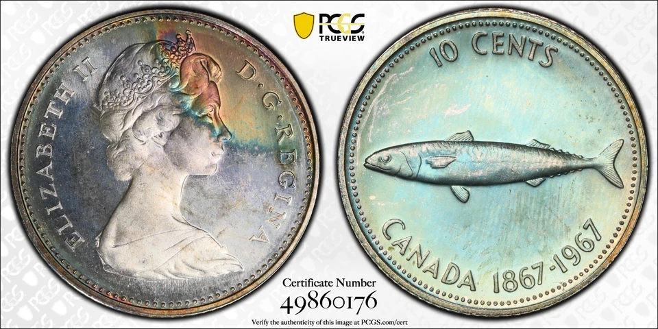 1967 Ten Cents 10¢ PCGS PL-66 - Superb Rainbow Tones - Image 1 of 1