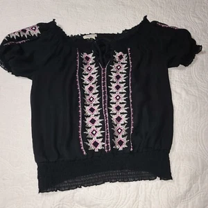 Y2K Vertigo paris Black Embroidered Short Balloon sleeve Shirt Size L Women - Picture 1 of 19