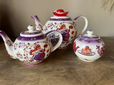Red Hat Society Porcelain Tea Pot, Creamer, Sugar Bowl Paul Cardew Design 2004 - Image 1 of 4