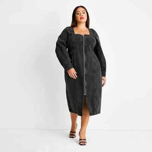 Future Collective Puff Long Sleeve Zip-Front Denim A-Line Dress Size 24W 26W - Picture 1 of 8
