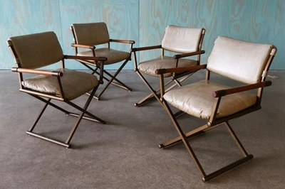 1970s Cal Style Director Chairs Oak Brass and Vinyl Set of 4 - Image 1 of 4