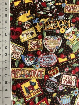 Mary Engelbreit 1/2 ярда девизы на черный хлопок ткани новый - Изображение 1 из 3