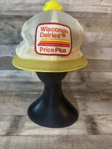 Vintage Wisconsin Dairies Price Plus Yellow Pom Snapback Trucker Hat With Patch - Picture 1 of 16