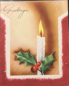 Vtg Christmas Greeting Card Beautiful Art Deco Candle Holly Berries Flame - Picture 1 of 3