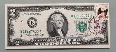 1976 Two Dollar Federal Reserve Note $2 with Stamp - First Day of Issue #96399 - Image 1 of 2