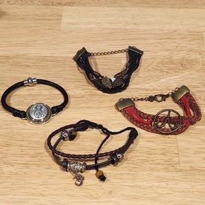 Vintage Multi-Layer Leather Chain Bracelet Set of 4 Charms Adjustable - Picture 1 of 9