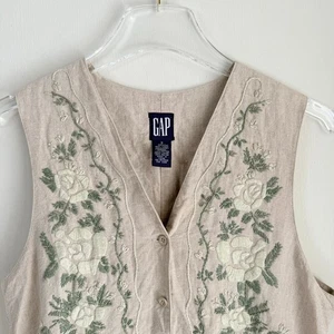 Vintage GAP Linen Embroidered Vest Khaki Cream Green Floral Sz Small Cottagecore - Picture 1 of 6