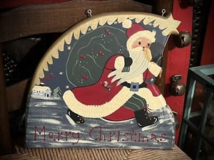 Hand Painted Vintage Retro Classic Santa Claus Winter Scene Sign Merry Christmas - Picture 1 of 22