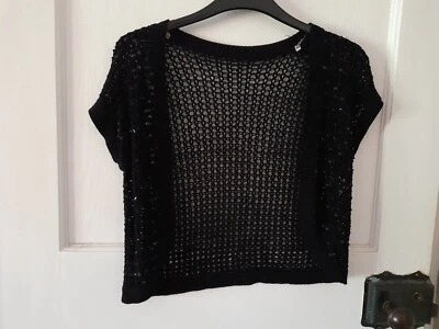 Oasis black shrug bolero cropped cardigan size 10 sequins crochet pattern - Image 1 of 4
