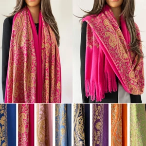 Ladies Long Paisley Scarf, Pashmina Shawl Wrap, Gold Wedding Shawl Sparkly Scarf - Picture 1 of 187