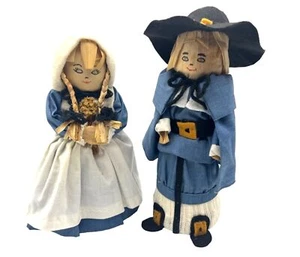Vintage handgefertigte Maishülse Pilger Puppen mit blau & weißen Outfits 9" & 10" hoch - Bild 1 von 6
