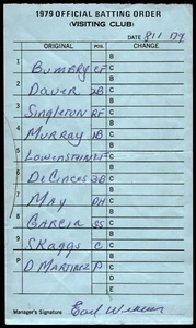 1979 Baltimore Orioles Official Batting order Eddie Murray, Earl Weaver 8/1/79 - Picture 1 of 2