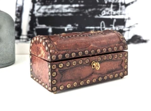 Vintage Leather Dome Top Jewelry Trinket Treasure Box w/ Brass Nailhead Studs - Picture 1 of 11