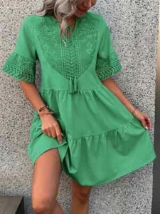 Shein Women's XXL Green Lace Detail Tiered Dress Short Sleeve Fit & Flare - Picture 1 of 7