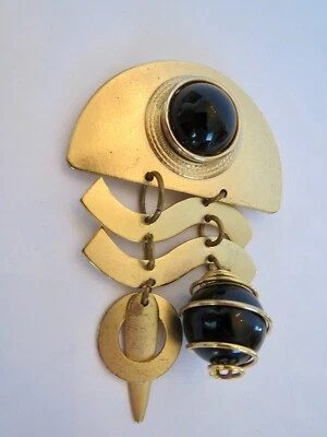 Yellow Gold Tone & BLACK ONYX MODERNIST DANGLE PIN BROOCH 2" BY 3" size - Image 1 of 4