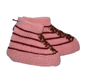 Damen 6,5 handgefertigte gestrickte Hausschuhe Socken Booties rot grün rosa Blumen 9x4 Zoll - Bild 1 von 3