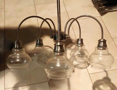 Винтажная модернистская люстра из стали и стекла с пятью рычагами - 3-позиционная регулируемая - Изображение 1 из 4