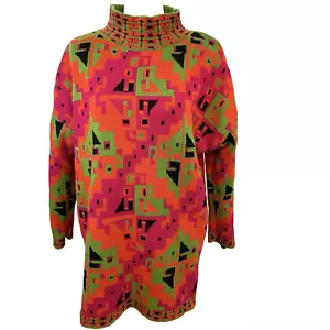 Maglione Vintage Express Tricot Medio Colorato Astratto Finto Collo Cotone Rami - Foto 1 di 13