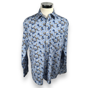 Boden Mens Button Up Shirt Floral AOP Blue Cotton Long Sleeve Point Collar L