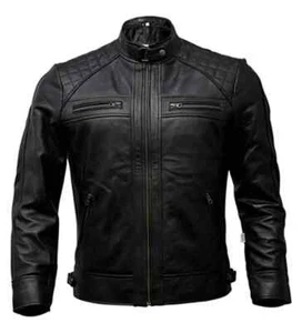 Cafe Racer Biker Leather Jacket  Black Soft Sheep Skin Leather - Picture 1 of 3