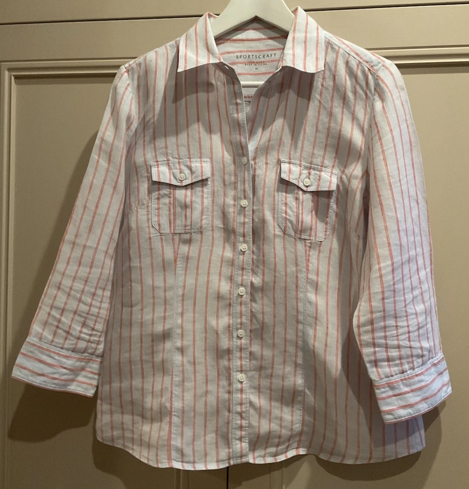 SPORTSCRAFT pure linen 3/4 sleeve striped shirt in blue, red & white Sz 10 - image 1 of 4