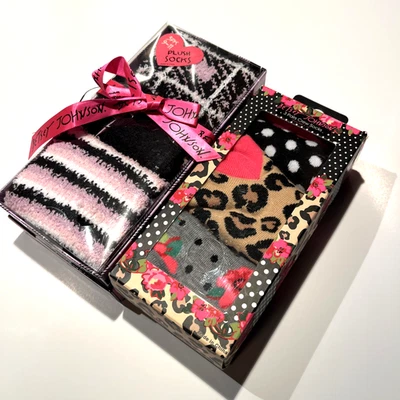 Nuevo con etiquetas Betsey Johnson 2 juegos de caja (6 pares) calcetines de regalo felpa tripulación rayas leopardo Foto 1 de 4