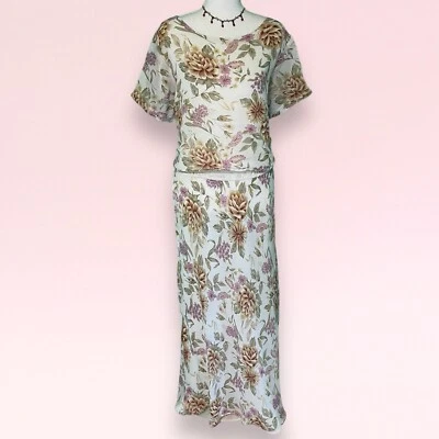 Maxi vestido vintage años 90 y2k blanco floral chifón cabaña caprichoso boho hada XL Foto 1 de 4