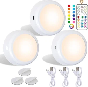 Rechargeable RGB Puck Lights with Remote , Battery Operated Push Light , - Picture 1 of 8