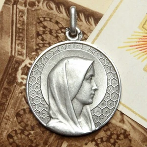 Antiguo colgante francés de plata religiosa. Santa Virgen María. Medalla grande. - Imagen 1 de 4