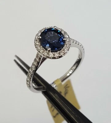 Certified Oval 1.45ct Sapphire Diamond Halo Engagement Ring 14K WG Size 6.75 - Image 1 of 4