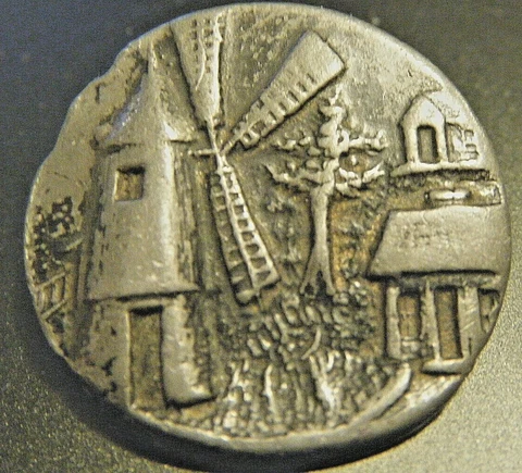 Antique  relief  picture  Button  pewter self shank Dutch windmill  1" Cover