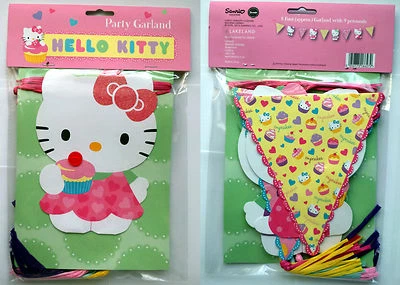 HELLO KITTY 8ft BUNTING GARLAND Pink Yello 9 FLAG Tassel Button CUPCAKE Cat RARE - Image 1 of 4