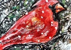 ORIGINAL männlicher Kardinal Vogel ACEO GEMÄLDE Winter rot VOGEL Schnee Tier Natur KUNST - Bild 1 von 1