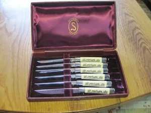 VTG SCHREIBER CUTLERY GERMANY STEAK KNIVES ORIGINAL BOX FIGHTING DEER ELK SILVER - Picture 1 of 11