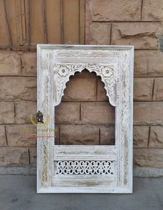 Wooden Frame Beautiful Curved Work Whitewash Antique Look Indian Mirror Frame - Picture 1 of 8