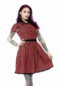 Sourpuss Striped Spiderweb Lydia Dress - Red/Blk - Picture 1 of 3