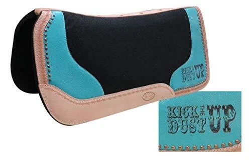 Showman Turquoise Embossed Kick The Dust up Logo Tooled Leather Felt Saddle Pad
