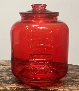 VTG Large Ruby Red Peanut Jar 4 Cent Counter Canister Collectible - Picture 1 of 15