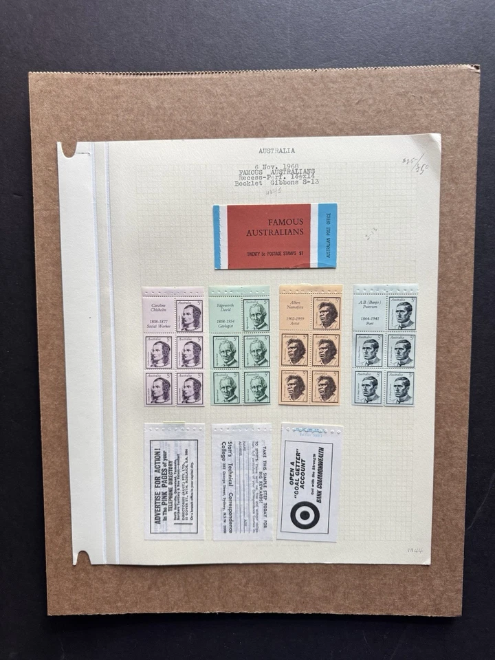 Australia 1968 Booklet Panes on Exhibit Page (SB44a) +Famous Australians #432-35 - image 1 of 1