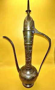 Antique Solid Brass Hand Made & Etched Teapot Pitcher Made in India 12" Tall - Picture 1 of 9