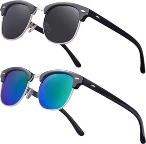 2 pk Classic Semi Rimless Polarized Sunglasses Half Frame Retro Blue/Green Black - Picture 1 of 1