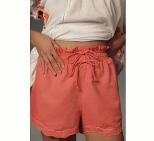 Anthropologie Linen Shorts NWT Coral Pink Double Waistband Pull On Scalloped NEW - Picture 1 of 16
