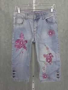 Arizona Jean Co Girls Plus Size 10.5 Floral Rhinestones Bermuda Jean Shorts - Picture 1 of 15