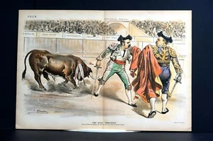 Political Bullfight 1891 HONEST v PEANUT POLITICS RIVAL TOREADORS Keppler Puck - Picture 1 of 11