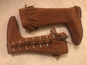 Damen-Mokassinstiefel braun Wildleder Fransen Top maßgeschneidert Schnürung Größe 10 - Bild 1 von 10
