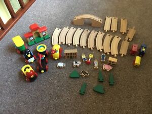 Loose BRIO Wooden Train Set Bundle w/ Track, Trains, Bridge & Scenery