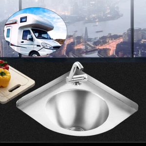 RV Caravan Camper Stainless Steel Hand Wash Basin Kitchen Triangular Sink+Faucet - Picture 1 of 21